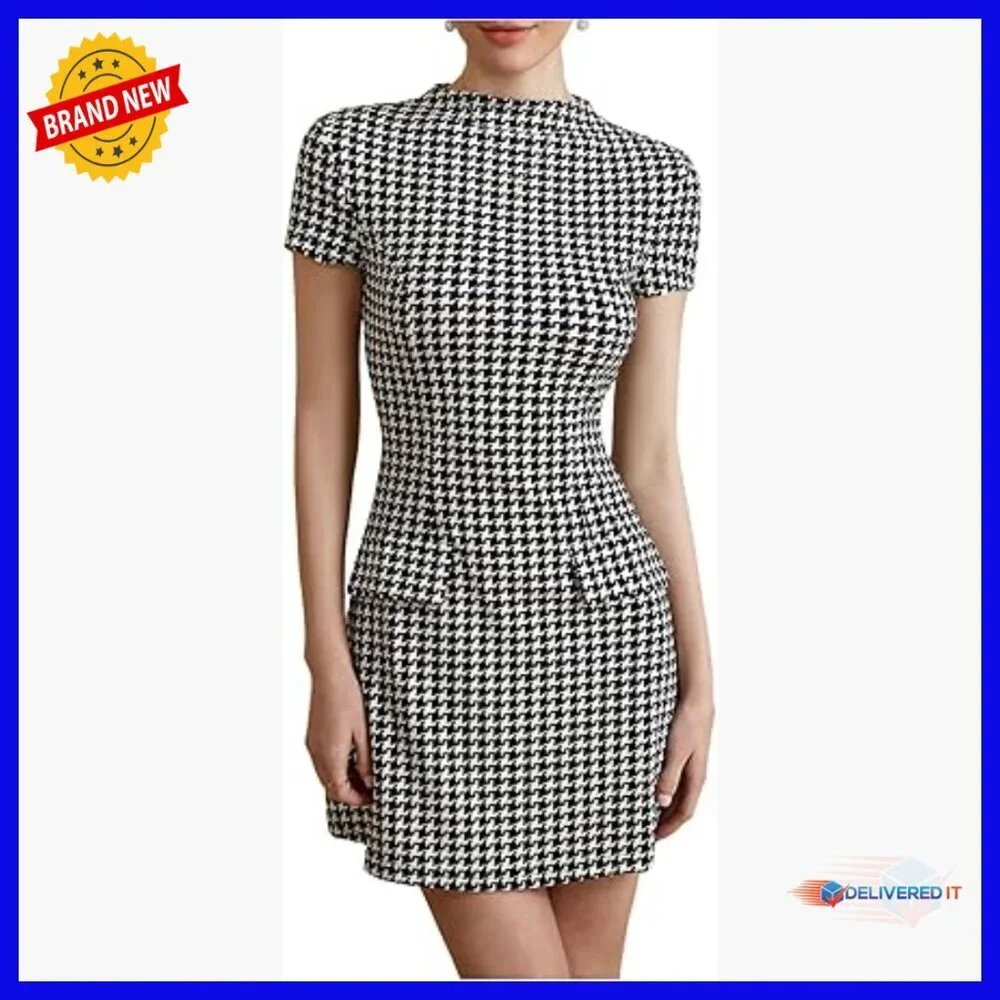 Mock Neck Flared A-Line Work Dress Short Sleeve Houndstooth Pattern